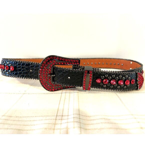 Black and Red Leather Crystal Cross Western Belt - Size M/L - New - Picture 5 of 7